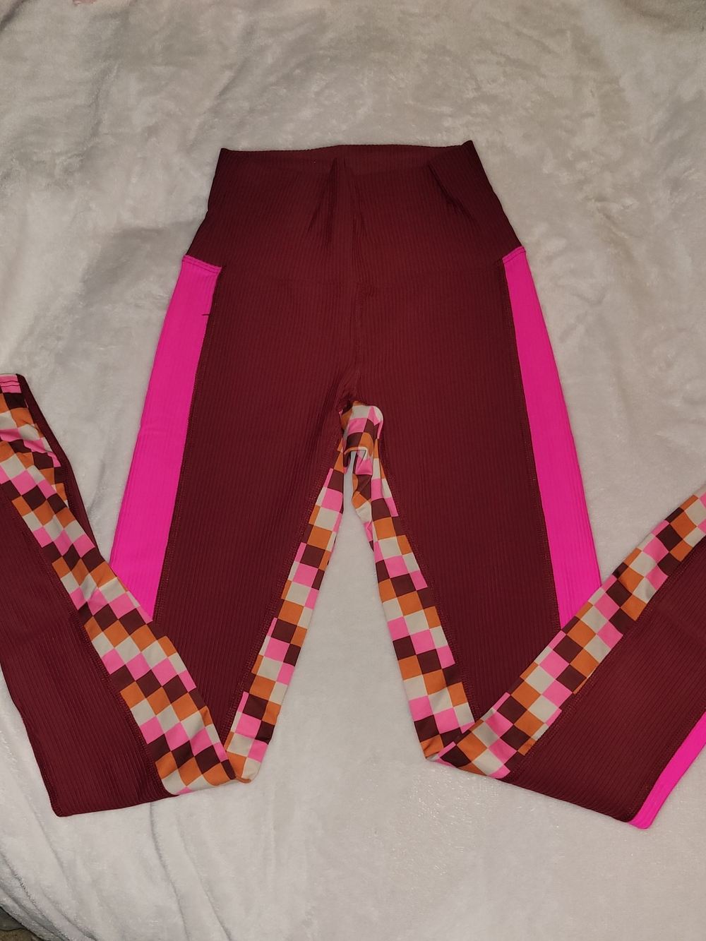 Beach Riot Burgundy Leggings with Hot Pink Panels & Multicolor Check Trim